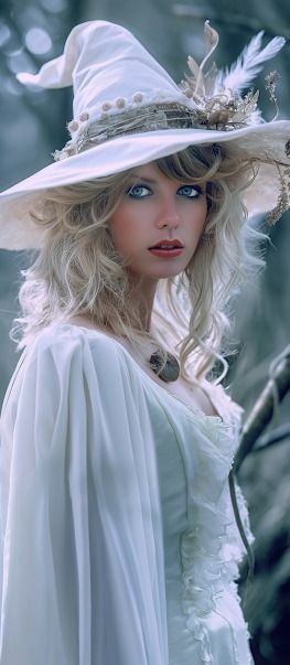 White Witch Costume Ideas, Witch Hat White, Winter Witch Makeup, White Witch Photoshoot, White Witch Outfit, White Witch Costume, White Haired Witch, Witches Dinner, Blonde Witch