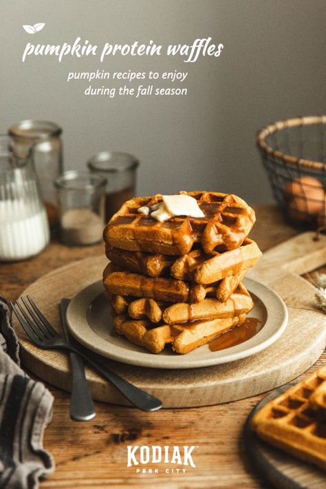 Pumpkin Protein Waffles Pumpkin Waffles Healthy, Pumpkin Protein Waffles, Protein Mix Recipes, Fall Waffles, Kodiak Cakes Recipe, Pumpkin Waffles Recipe, Low Calorie Pumpkin, Pumpkin Protein Pancakes, Healthy Waffles