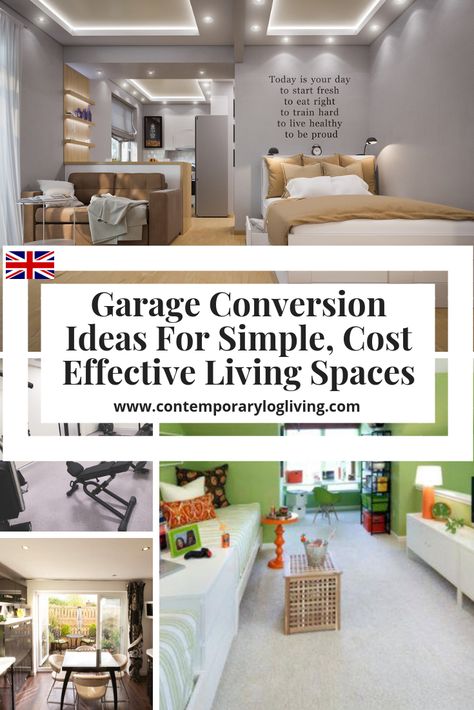 Garage Conversion Ideas For Simple Cost Effective Living Spaces. Most garage conversions in the UK come under Permitted Development if you do not extend the original size. Easily convert your garage space into a teenage den, granny flat, home office, home gym or media room for a lot less than you would expect to pay for an extension. #garageconversionideas #garageconversionsUK #bestgarageconversionideas #grannyflat #grannyannex Garage Conversion Ideas Bedrooms, Decorate Garage, Convert Garage To Bedroom, Modern Garage Design, Garage Conversion Granny Flat, Garage Conversion Ideas, Garage To Living Space, Garage Floor Paint, Converted Garage