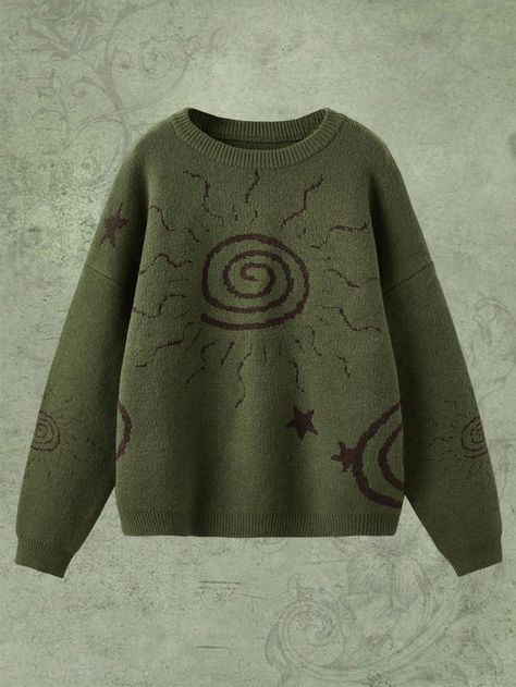 Green Casual Collar Long Sleeve Knitwear Geometric Pullovers Embellished Non-Stretch  Women Clothing Pretty Green Clothing, Green Sweater Aesthetic, Green Witch Aesthetic Outfit, Green Aesthetic Clothes, Alien Sweater, Grunge Sweaters, Sun Clothes, Star Clothes, Star Sweaters