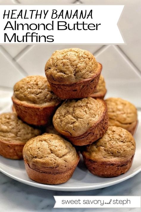 Almond Butter Food Ideas, Banana Almond Butter Muffins, Recipe Using Almond Butter, Almond Butter Banana Muffins, Almond Butter Muffins, Sweet Savory And Steph, Almond Butter Snacks, Banana Almond Butter, Butter Muffins