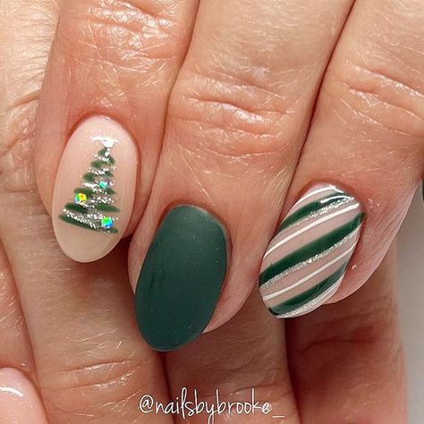 Dragon Terrarium, Christmas Tree Nail Art, Tree Nail Art, Christmas Tree Nails, Candy Cane Nails, December Nails, Tree Nails, Painted Nail Art, Striped Nails