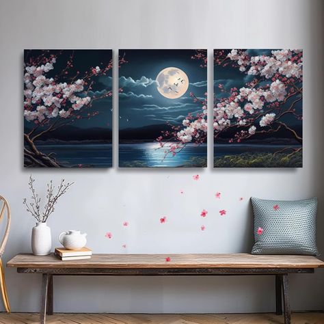 Bedroom Decor Artistic, Cherry Blossom Painting On Canvas, 3 Part Canvas Painting, Canvas Painting Ideas For Bedroom, 3 Canvas Painting Ideas Room Decor, Room Painting Ideas Bedroom Creativity, Set Of 3 Canvas Painting Ideas, 3 Set Paintings Wall Art, Living Room Decor Artwork