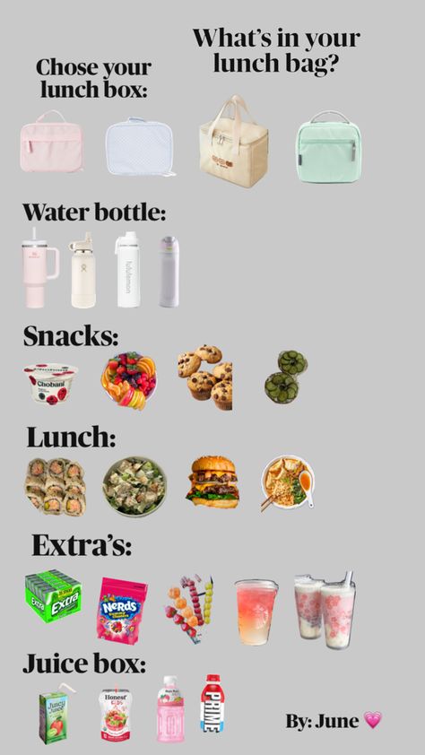 Pick what is in your lunch bag! Chose from 4-5 options of your choice! Made by June💗 Packed Lunch Ideas, Drinks Ideas, Packed Lunch, School Lunch, Lunch Ideas, Pick One, Lunch Bag, Food Ideas, Lunch Box