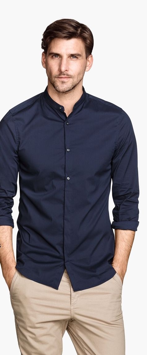 Outfit Pantalon Beige, Collarless Shirt Men, Blue Shirt Outfit Men, Outfit Pantalon, Workout Man, Mens Smart Casual Outfits, Dark Blue Shirt, Formal Clothes, Shirt Outfit Men