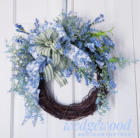 Wreaths With Blue Flowers, Blue Spring Decor, Blue Wreath Ideas, Spring Grapevine Wreath Ideas, Bluebonnet Wreath, Blue And White Wreath, Heather Wreath, Blue Wreaths, Blue Floral Wreath