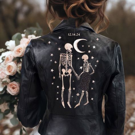 Custom Skeleton Design Leather Jacket, Embroidered Leather Jacket, Personalized Leather Jackets Gift, Unique Couple Theme, Stylish Outerwear, Personalized Leather Jacket, Wedding Leather Jacket for the Bride, Bridal Leather Jacket, Black Leather Jacket, Black Bridal Wedding Jacket, Black Bride Leather Jacket, Bachelorette Party Leather Jacket, Leather Jacket for Bride, Custom Bride Jacket, Bridal Cover Up Expandable sleeves with Zipper Functional Pockets **Style is designed to be a fitted jacket Painted Leather Jacket Wedding, Leather Jacket With Wedding Dress, Goth Bridal Party, Goth Bachelorette, Bridal Leather Jacket, Wedding Leather Jacket, Aesthetic Weddings, Bride Leather Jacket, Edgy Bride