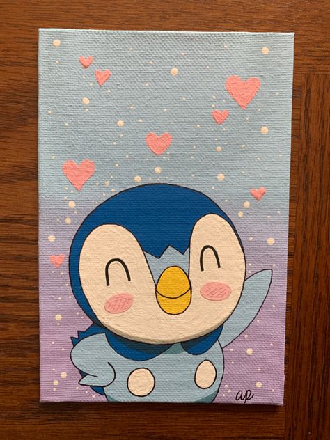 Cute Pokemon Paintings, Cute Painting Ideas On Canvas Easy Disney, Piplup Painting, Pokemon Canvas Painting Easy, Cute Character Paintings, Cute Animal Canvas Paintings, Canvas Asthetic Paintings Easy, Disney Themed Paintings, Acrylic Painting Cartoon Characters