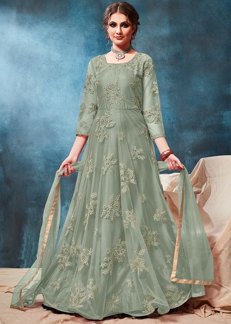 Net Anarkali, Floor Length Anarkali, Long Anarkali, Designer Anarkali Suits, Resham Work, Abaya Style, Stitching Dresses, Designer Anarkali, Dusty Green