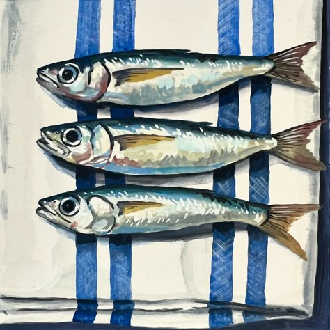 Three Sardines 🐟 Daily Painting Just posted in my online store (KateBirchArt.com) Link in bio! Gouache on paper Paper size 6x6 inches with small white border $125 *** please note for international orders a customs tax may be required upon delivery *** #gouachepainting #stilllifepainting #artistsoninstagram #painteveryday #colorfulart #gouache #dailypainting #dailyart #utahartist #makearteveryday #gouacheartist #art #painting #illustration #illustrationartist #artofinstagram Sardine Aesthetic, Sardine Illustration, Sardines Painting, Sardine Painting, Sardines Illustration, Sardine Art, Sardines Art, Cool Fish, Daily Painting