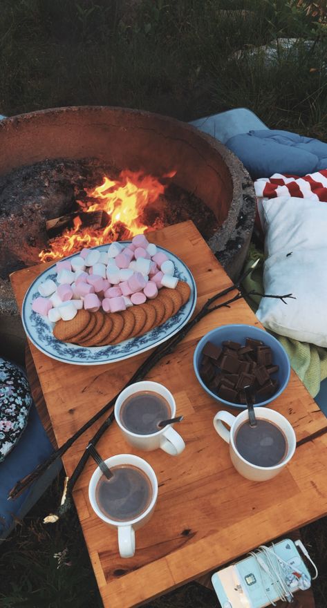 Toasting Marshmallows Campfire, Marshmallow Smores, Smores Station, Drinking Hot Chocolate, Campfire Smores, Soirée Halloween, Toasting Marshmallows, Fire Food, Hot Chocolate Marshmallows