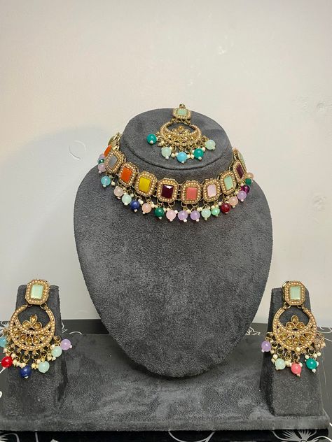 Multicolour choker set, Indian Choker Necklace Earrings Maang Tikka Piece Jewelry Bridesmaid Indian Style Jewellery Bridal Wedding Fashion H Bridesmaid Indian, Indian Choker, Indian Choker Necklace, Beautiful Chokers, Jewellery Bridal, Maang Tikka, Jewelry Bridesmaid, Choker Set, Wedding Fashion