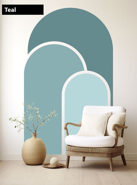 Unique Home in a minute. Murals and Decals Made in VA, USA Make your space modern and cozy. Wide range of colors and sizes to fit any project.  Decals are Self Adhesive Peel and Stick.  All sizes are in a drop down menu. But we are always ready to work on a custom project for you. HOW TO APPLY: Simply peel and stick this arch wall decal according to the application instructions and transform your room to the unique and cozy space.  COLOR DISCLAIMER: Due to inconsistencies between monitors, color Blue Arch Painted On Wall, Behind Bed Mural, Arched Wall Paint, Ocean Painted Wall, Blue Paint Ideas For Bedroom, Gradation Interior Design, Wall Mural Home, Color Block Walls Paint Ideas, Wall Paint Patterns Bedroom