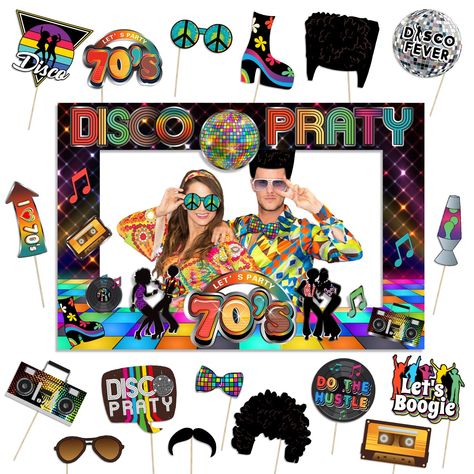 PRICES MAY VARY. Package Includes: 20 piece 70s dance disco party decorations kit containing 1 picture frame measuring 27.5*18.5 inches, 20 props, 20 wooden sticks, and adhesive pads for quick assembly. Easy Assembly: Simply attach the printed DIY disco photo booth props to the wooden dowels with included adhesive and reinforcing stickers, enhancing your 70s theme party decorations. Durable Cardstock for Longer Photoshoots: These 70s party decorations are printed on high-quality cardstock that won't easily bend or tear, ensuring extended fun with your 1970s disco throwback party. Inspire Creative Photos: These funny disco themed 70s party decorations are an adorable addition to any disco theme party. The 70s party decorations elevate table decor, add a playful touch to the photo wall, and Disco Photo Props, 70s Theme Party Decorations Diy, Disco Party Decorations 70s, Retro Theme Party Decoration, 70s Party Theme Decorations, 1970s Party Theme, 70s Theme Party Decorations, Disco Theme Parties Decorations, 70s Birthday Party Ideas