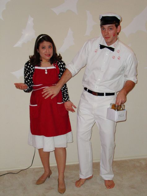 Milk man and 50's pregnant lady costume.  too funny. ugh, i'm so bummed i won't be pregnant when Halloween comes this year.  This would have been an awesome costume! Pregnant Couple Halloween Costumes, Pregnancy Costumes, Pregnant Halloween Costumes, Milk Man, Pregnant Lady, Couple Costume, Pregnant Halloween, Hallowen Costume, We Are The Champions