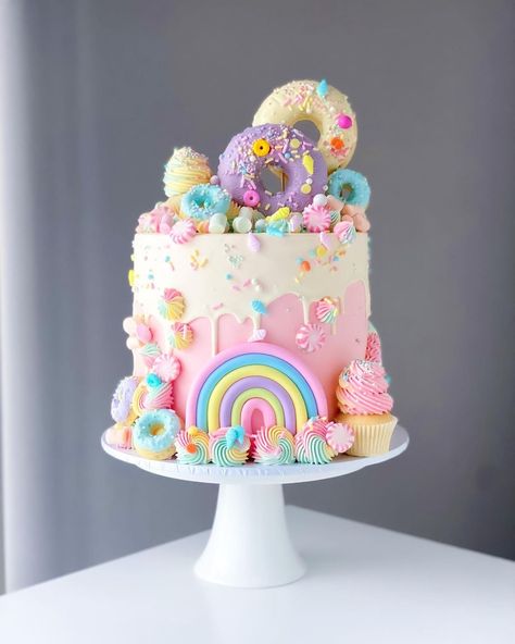 Cake Me Crazy®️ on Instagram: “Candy land 🍭🍬🍩 This style is far too much fun to create, so please order more 🤣 that drip just topped it off. I used @loyalbakeware…” Candyland Birthday Cake, Candy Theme Cake, Bolo Tumblr, Donut Birthday Cake, Sweet Birthday Cake, Candyland Cake, Candy Birthday Cakes, Candy Land Birthday Party, Rainbow Birthday Cake