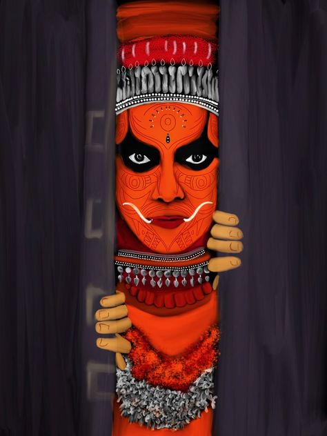 Theyyam Drawing Outline, Theyyam Drawing Pencil, Theyam Art Form, Theyyam Art Drawing, Theyyam Tattoo Designs, Mural Art Design Paintings, Tamil Culture Drawing, Theyyam Wallpaper, Theyyam Paintings