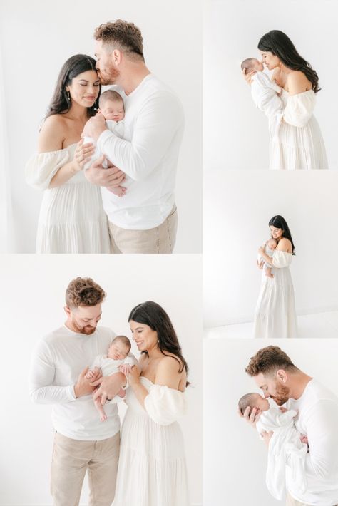 Dark headed mom and blonde headed dad pose with newborn baby, naturally, in an all white studio. Newborn Self Photography, Family Photoshoot Ideas Newborn, Styled Newborn Photography, Newborn Shoot Setup, Newborn Family Poses Studio, Newborn White Backdrop, Newborn Photos White Background, Newborn Family Session Outfits, Simplistic Newborn Photography