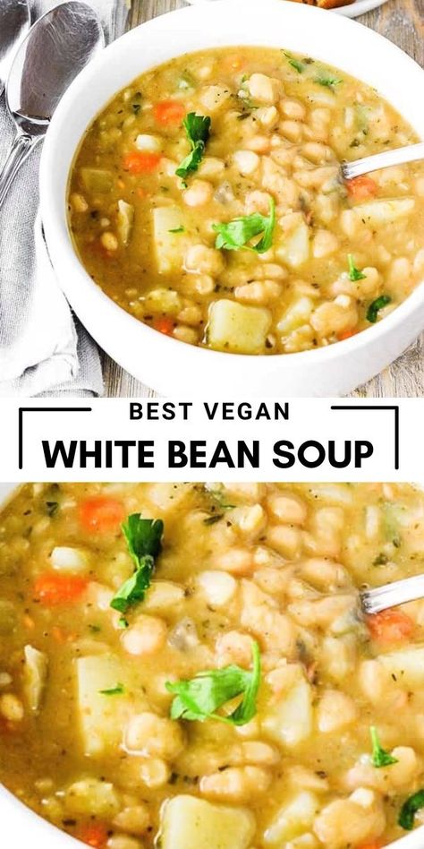 Amazing Vegan White Bean Soup recipe that is hearty, comfy and full of flavor. It is vegan, gluten-free and oil-free and perfect for those long winter months. Easy Vegan Bean Soup, White Bean Vegan Recipes, White Bean Soup Vegan, Vegan White Bean Soup, Salt Seasoning, White Bean Soup Recipes, Bean Soup Recipe, Soup Easy, Wfpb Recipes