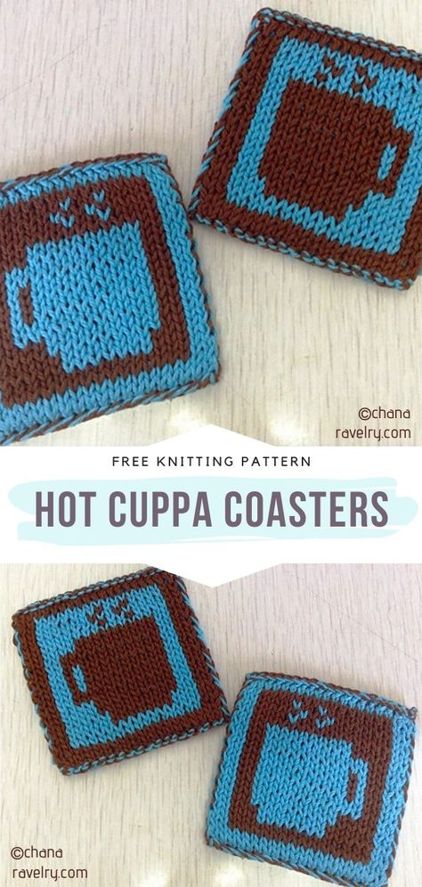 Hot Cuppa Coasters Free Knitting Pattern  What a lovely idea! With this set of coasters on your table, you will never stop thinking about delicious hot cocoa. That way you will be happy all day long!  #knitcoaster #knitpotholder #kitchenknit #freeknittingpattern Knit Coasters, Knit Coaster, Coasters Pattern, Double Knitting Patterns, Crochet Blanket Edging, Ravelry Knitting, Crochet Shell Stitch, Knit Baby Booties, Quick Knits