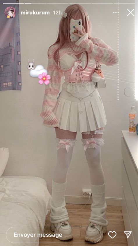 White Bimbocore Outfits, Pink Cybercore Outfits, Pastel Pink Aesthetic Outfits, White Fishnet Outfit, Femboy Outfits Aesthetic, Girly Y2k Outfits, Girly Goth Aesthetic, Soft Egirl Outfits, Cute Outfits Pastel