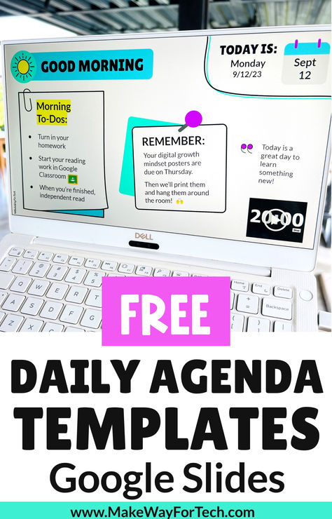 Classroom daily agenda slides templates are the ultimate classroom organization idea. Assignment slides help students work independently while keeping you on track. This is the ultimate self-care tool for teachers - it reduces your stress helps keep your lesson plans on track. Use these class slides with timers for high school, middle school, and elementary classrooms. Use them also for morning meeting, small group rotations, organization your links for students, and for getting ready to go home Morning Meeting Google Slides Free, Classroom Slides Template Free, Free Morning Meeting Slides, Daily Agenda Slides High School, Daily Agenda Slides Classroom, School Templates Printables, Daily Classroom Slides, Morning Slides Classroom Free, Agenda Slide Design