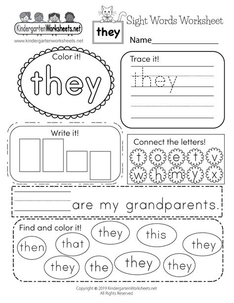 Sight Word (they) Worksheet - Free Kindergarten English Worksheet for Kids Sight Word Worksheets Free, Sight Word Worksheet, Kindergarten Sight Words List, Basic Sight Words, Sight Word Fluency, Kindergarten Phonics Worksheets, Sight Word Sentences, English Worksheets For Kindergarten, Sight Words Printables