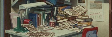 90s Anime Study, Ghibli Art Landscape, Studio Ghibli School, Ghibli Studying, Ghibli Study Aesthetic, Ghibli Study, Desk Motivation, Notion Organization, Packed Bags