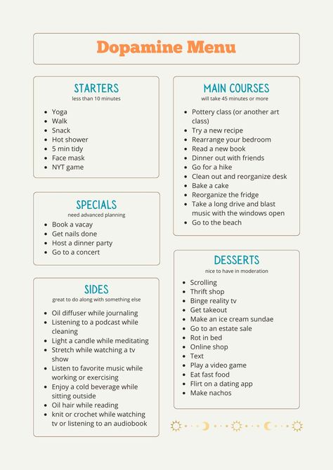 Make Your Own Dopamine Menu - A Thousand Lights Dopamine List Ideas, Dopamine Menu Bullet Journal, Dopamine Menu Ideas Aesthetic, Dopamine Menu Ideas Journal, Dopamine Menu Journal, Dopamine Menu Morning Routine, Dopamenu Ideas, Dopamine Menu Template, Dopamine Ideas