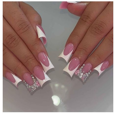 Short French Designs, Duck French Tip Nails, Candy Cane Nails Acrylic, Long Duck Nails, Short Duck Nails, Duck Nails Acrylic, Nails Pink White, Press On Acrylic Nails, Spring Manicure