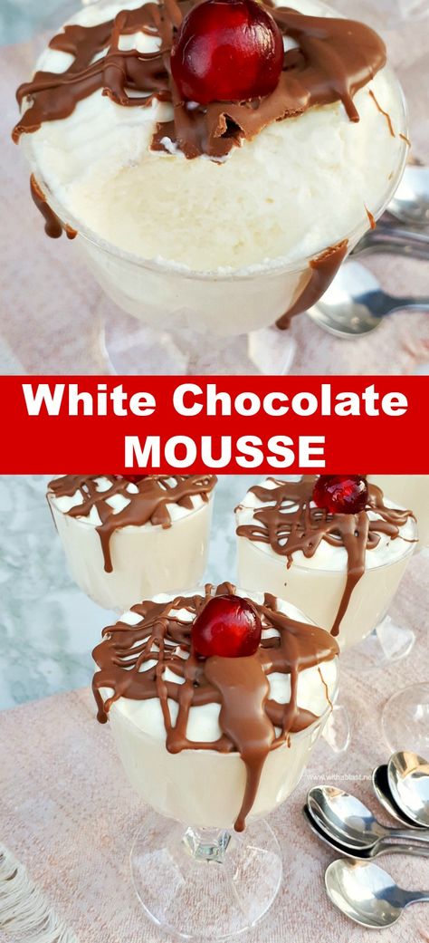 White Chocolate Mousse is so quick and easy to make [make ahead friendly recipe] #ChocolateMousse #Mousse #DecadentDessert White Chocolate Mousse Recipe, Truffles Recipes, Cooking Desserts, Parfait Recipes, White Chocolate Mousse, Sweet Treats Recipes, Mousse Recipes, Bake Desserts, Mouthwatering Recipes