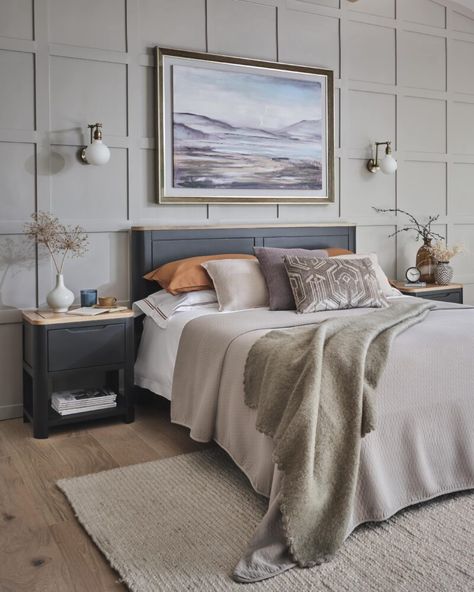 Panelling Behind Bed, 1920 Bedroom, Grey Headboard Bedroom, Panelled Headboard, Panelled Walls, Nz House, Dark Grey Paint, Grey Bed Frame, Painted Beds