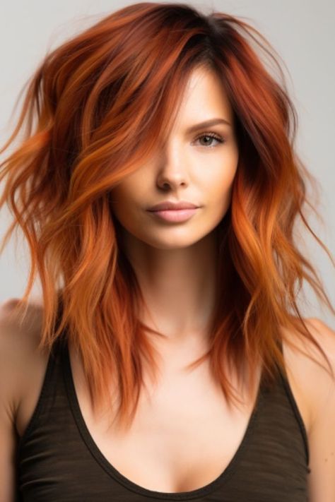 Creative Copper Hair, Fresh Hair Color Ideas, Copper Red With Highlights, Coper Hairstyles Color, Copper Hair With Layers, Red And Copper Hair, Copper Hair With Shadow Root, Copper Hair Ideas, Spring Red Hair Color