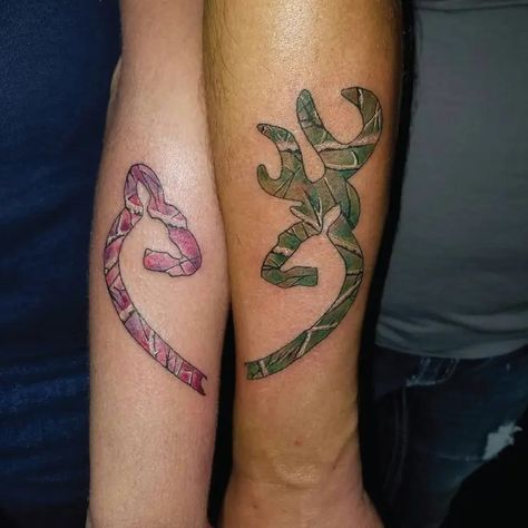 Matching Browning Deer Camo Color Tattoo Idea & Design on Couple Forearm Matching Browning Deer Camo Color Tattoo Done At Couple Tattoos Country, Couples Deer Tattoos, Country Couple Tattoos, Camo Tattoo, Ripped Skin Tattoo, Browning Deer, Skin Tattoo, Deer Tattoo, Ace Card