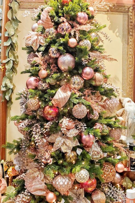 Gorgeous Christmas Tree Ideas - Nestorations | San Diego Interior Design Champagne Christmas Tree, Pink Christmas Tree Decorations, Christmas Trees Decorated, Victorian Christmas Tree, Flocked Christmas Trees Decorated, Christmas Tree Decorating Themes, Elegant Christmas Trees, Pink Christmas Decorations, White Christmas Trees