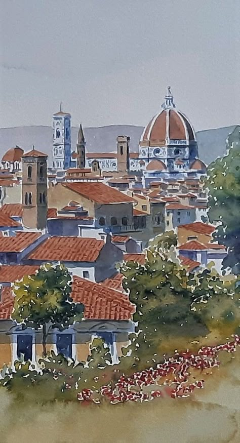 Italy, Florence, Il Pittore and Pizzale Michelangelo Landscape Original Watercolour Painting - Etsy Italy Sketches, Watercolour Landscape Painting, Piazzale Michelangelo, Italy Florence, Skyline Painting, Travel Sketchbook, Italian Paintings, Watercolour Landscape, Watercolor Architecture