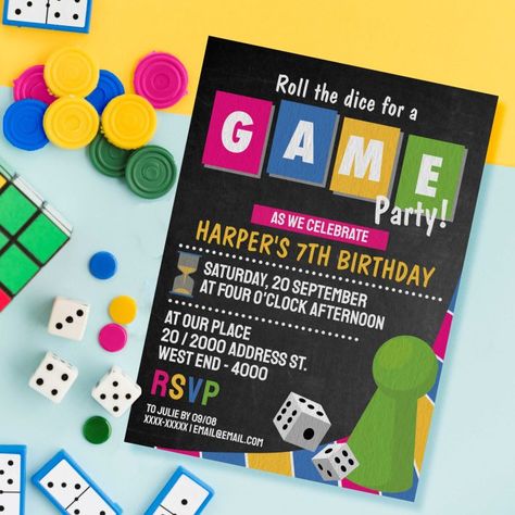 Board Game Birthday Party Invitations, Board Game Birthday Party Decorations, Board Game Theme Birthday Party, Board Game Themed Party, Board Game Birthday, Game Night Decorations, Board Game Themes, Board Game Party, Easter Birthday Party