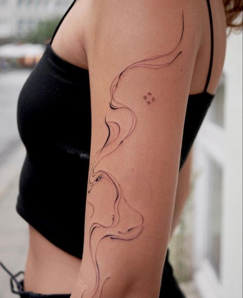 Wavy Tattoo Design Arm, Delicate Watercolor Tattoo, Wavy Liquid Tattoo, Back Abstract Tattoo, Korea Inspired Tattoo, Flowing Tattoos, Abstract Flow Tattoo, Back Line Tattoo, Line Tattoo Back