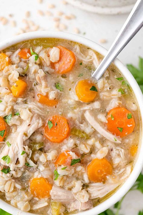 Chicken Barley Soup Recipe - Rachel Cooks® Chicken Barley Soup Recipe, Chicken Kale Soup, Chicken Barley Soup, Chicken Barley, Barley Soup Recipe, Barley Recipe, Creamy Chicken Enchiladas, Beef Stew Crockpot, Hearty Chicken