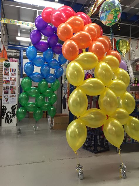 Double ladder balloon arch #rainbow #balloons #archway #ladderarch #birthday #pride #jumboballoons Rainbow Archway, Half Rainbow Balloon Arch, Balloon Arch For Parade Float, Parade Float Balloon Arch, Pride Rainbow Balloon Arch, Jumbo Balloons, Rainbow Balloons, Fun Fair, Baby 1st Birthday