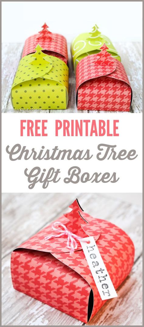 Create your own Christmas Tree Gift Boxes out of paper!  Perfect for stocking stuffers, co-worker gifts, jewelry, or even a gift at each place setting for Christmas dinner.  Grab your FREE printable template at thinkingcloset.com Boxes Template, Printable Boxes, Christmas Gift Boxes, Christmas Tree Box, Box Templates, Christmas Tree Gift, Tree Box, Gift Box Template, Creative Gift Wrapping