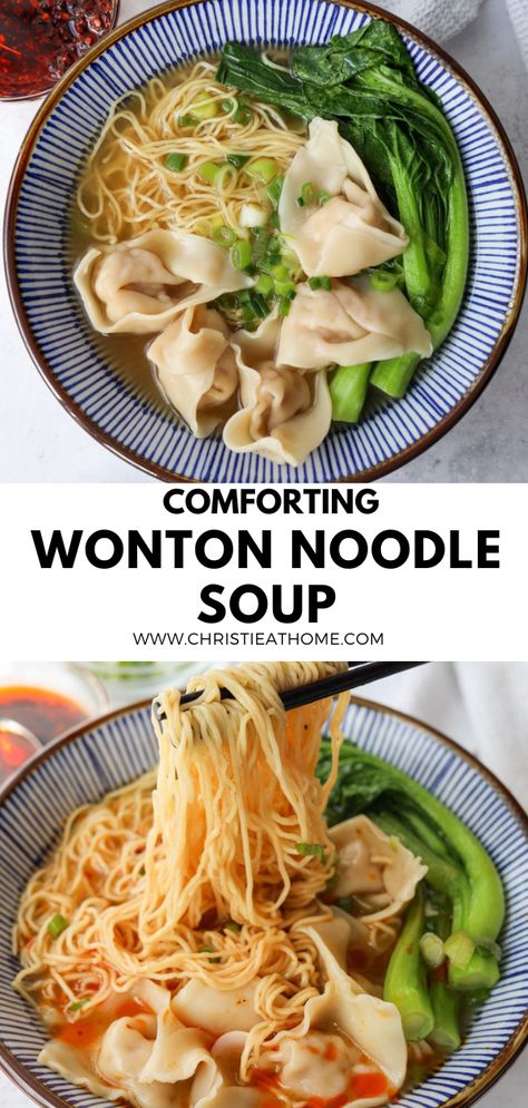 Wonton Noodle Soup. Bouncy egg noodles in a homemade wonton soup with the best homemade wontons! Mi Wonton Noodle Soups, Wonton Chicken Soup, Easy Wonton Noodle Soup Recipe, Chicken Wonton Noodle Soup, Chicken And Wonton Soup, Wonton Soup Slow Cooker, Win Ton Soup, Wonton Egg Noodle Soup, Wonton Soup Crockpot