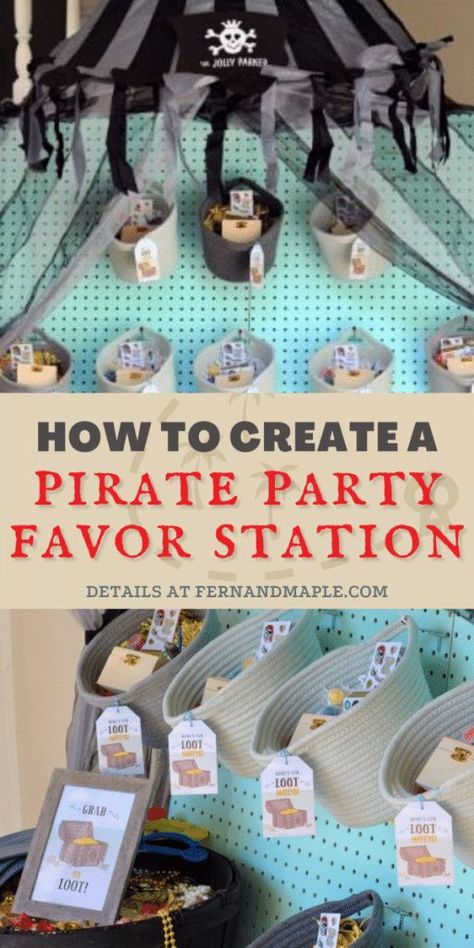 Create a DIY "Treasure Cove" Favor Station filled with loot for the perfect Pirate-themed Party for kids with step-by-step instructions! Get details and more Pirate Party inspiration now at fernandmaple.com. Pirate Loot Bags, Mermaid Pirate Party Games, Pirate Theme Party Favors, Pirate Party Bags, Pirate Birthday Party Favors, Pirate Birthday Favors, Diy Pirate Party, Mickey Pirate Party, Favor Station