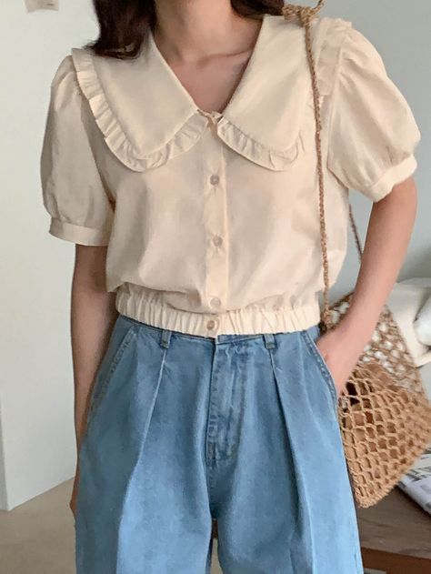 Peter Pan Collar Pattern, Short Puff Sleeve Blouse, Statement Collar, Funky Outfits, Balloon Sleeve Blouse, Plain Shirt, Blouse Short Sleeve, Puff Sleeve Blouse, Basic Dress