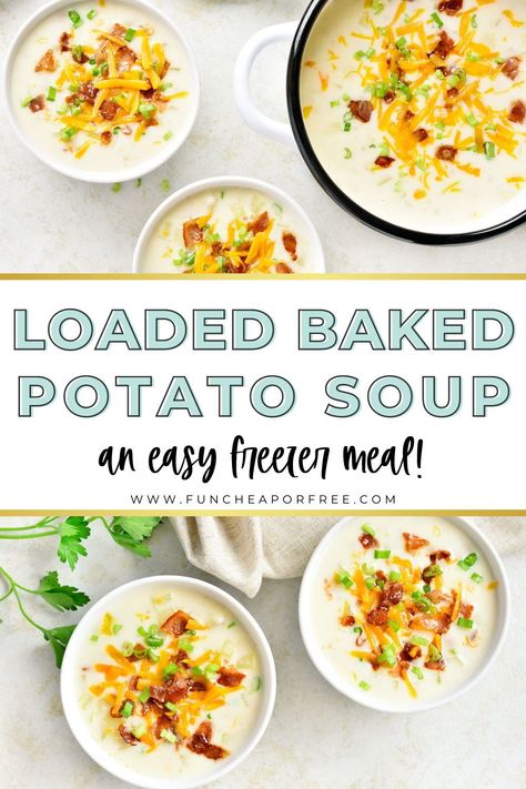 Baked Potato Soup Freezer Meal, Freezer Potato Soup Recipes, Freezer Friendly Potato Soup, Loaded Baked Potato Soup Freezer Meal, Loaded Potato Soup Freezer Meal, Freezer Meal Potato Soup, Potato Soup Freezer Meal Crock Pot, Freezer Loaded Potato Soup, Potato Soup To Freeze