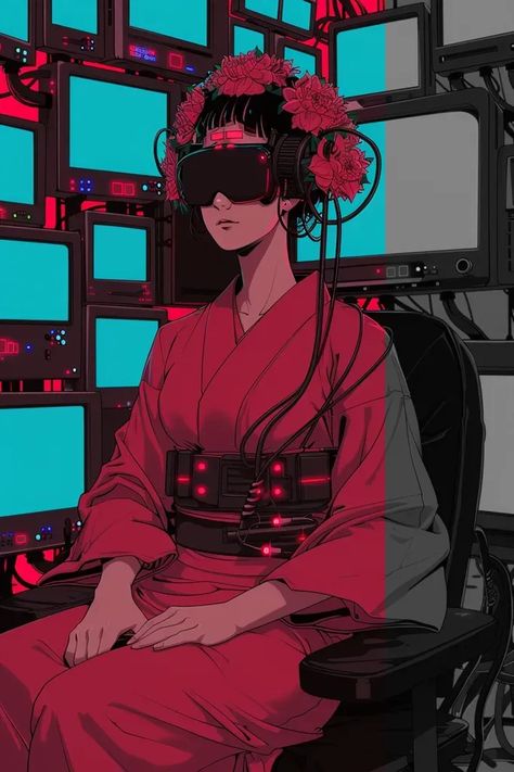 Full Color Image in ai-img-gen.com 🔸 Viacom’s Epic scene, art depicts a cyberpunk scene with a female dressed in fashion Japanese attire,... 🔸 From Midjourney AI Image Japanese Technology Aesthetic, Japanese Cyberpunk Fashion, Japanese Cyberpunk Aesthetic, Cyberpunk Kimono, Japanese Attire, Vr World, Japanese Cyberpunk, Japanese Concept, Fashion Japanese