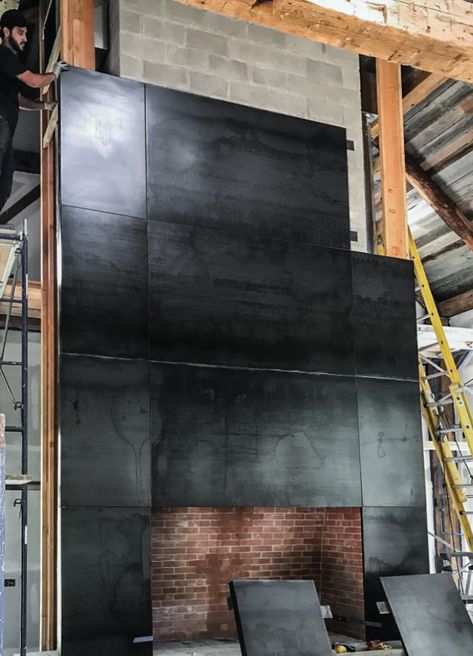 Blackened Steel Fireplace, Vineyard House, Steel Fireplace, Metal Fireplace, Spa Interior Design, Metal Wall Panel, Cladding Systems, Sunroom Designs, Spa Interior