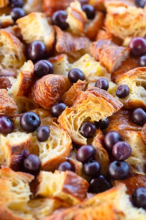 Blueberry Croissant Breakfast Casserole | greens & chocolate Blueberry Croissant Breakfast Bake, Blueberry Croissant Bake, Easy Overnight Breakfast Casserole, Croissant Breakfast Bake, Easy Overnight Breakfast, Blueberry Croissant, Sweet Breakfast Casserole, Croissant Breakfast Casserole, Breakfast Potluck