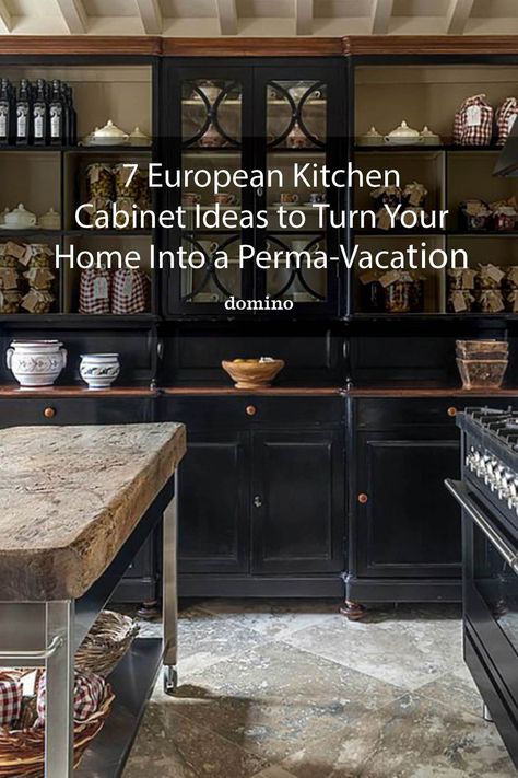 European style kitchen cabinets Old European Kitchen Design, European Home Floor Plans, Eclectic Kitchen With Black Countertops, European Vintage Kitchen, European Eclectic Style, Old World Kitchen Cabinets, European Small Kitchen, Old European Kitchen, European Style Cabinets