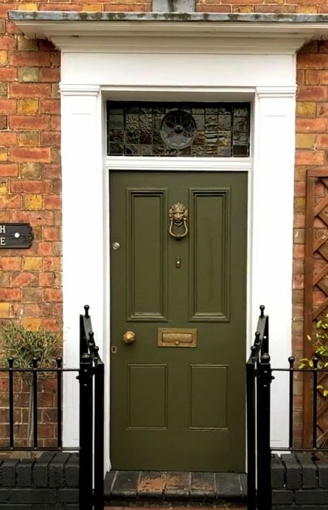 Brick House Colored Door, Dark Green Front Door, Georgian Front Door, Front Door Colours, Green Front Door, Ireland Houses, Front Doors Uk, Orange Front Doors, French Front Doors